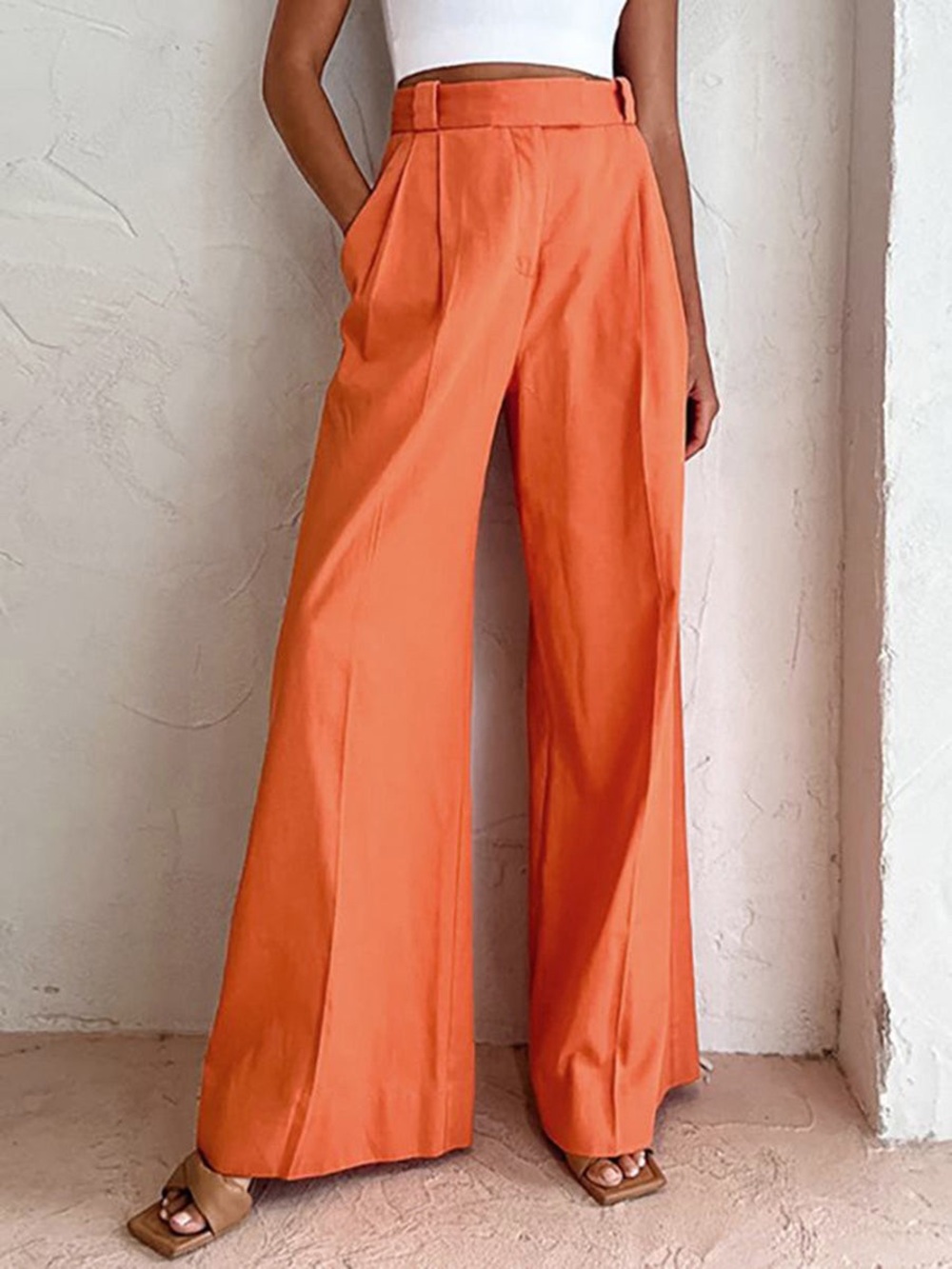 COMMENSE Cotton/Linen High-Waist Wide-Leg Pants in Orange